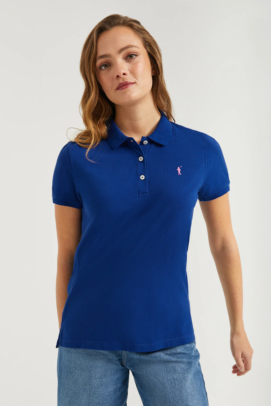 Royal-blue short-sleeve pique polo shirt with Rigby Go logo