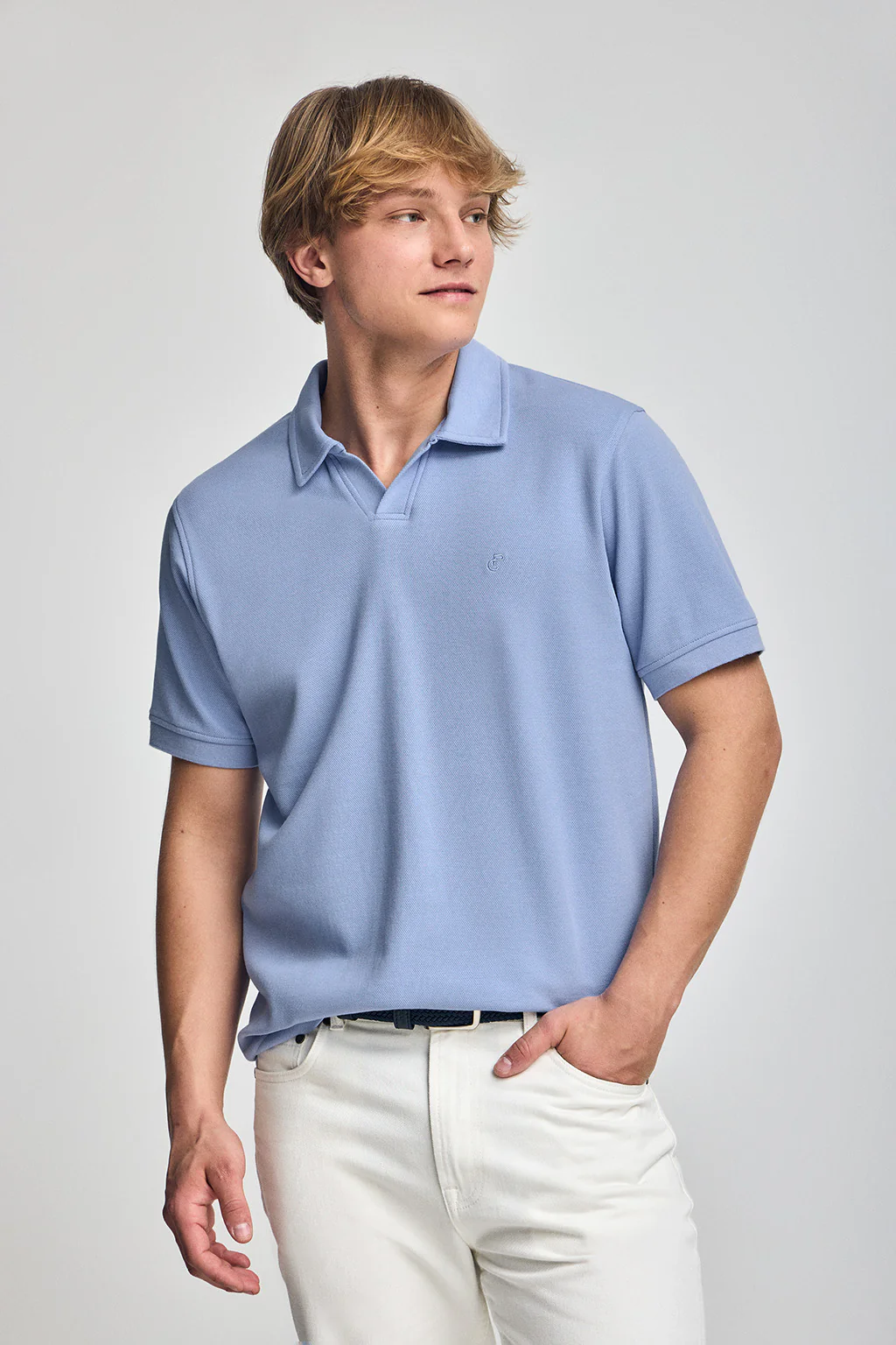 Blue buttonless polo shirt Pascal with embroidered monogram