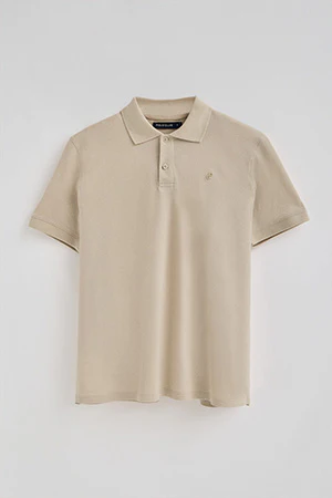 Beige two-button polo shirt in linen and cotton with embroidered monogram - Image 8