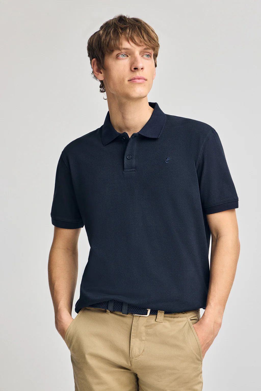 Navy-blue two-button polo shirt in linen and cotton with embroidered monogram