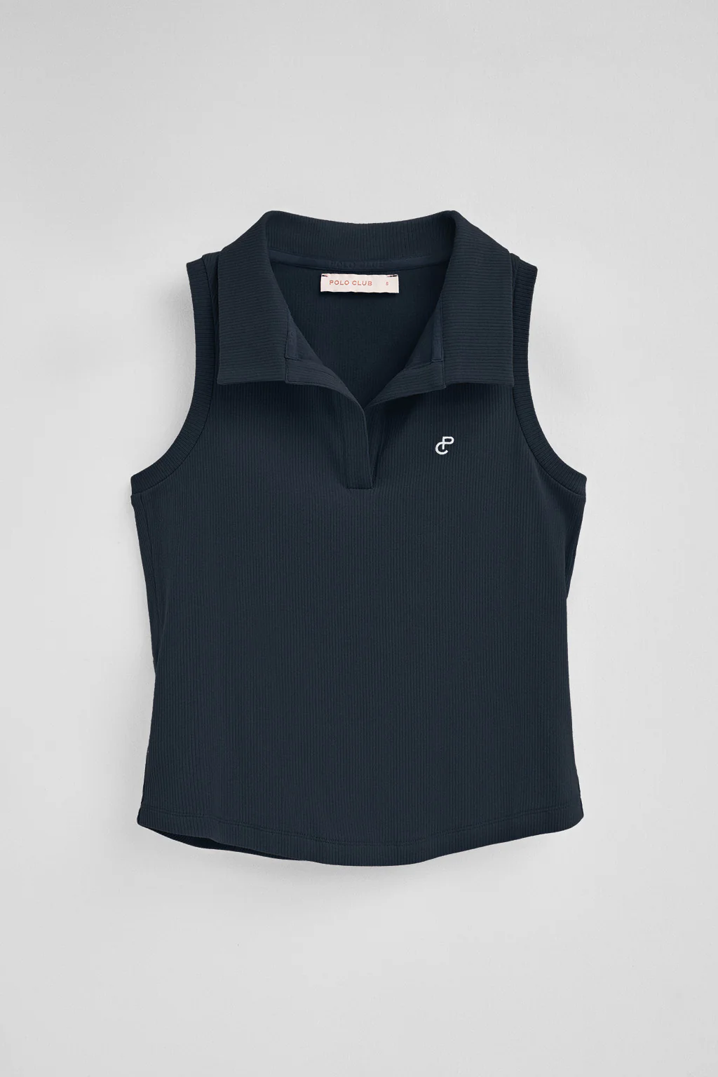 Navy-blue sleeveless polo shirt with embroidered monogram