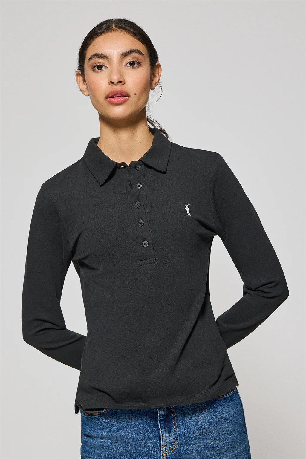 Black five-button polo shirt Priyanka with Rigby Go embroidery