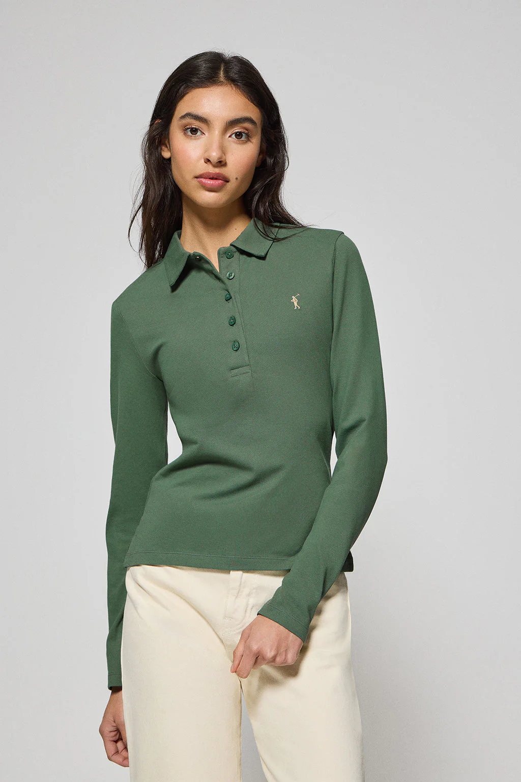 Mud-green five-button polo shirt Priyanka with Rigby Go embroidery