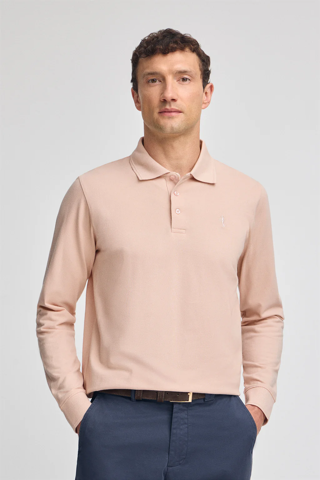 Blush-pink long-sleeve pique polo shirt with Rigby Best embroidery
