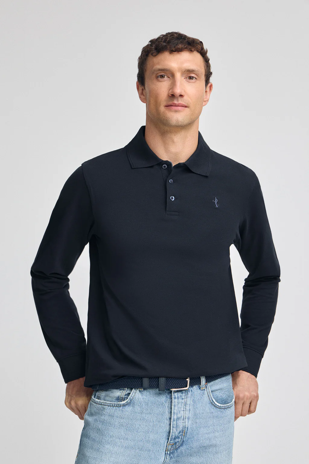 Navy-blue long-sleeve pique polo shirt with Rigby Best embroidery