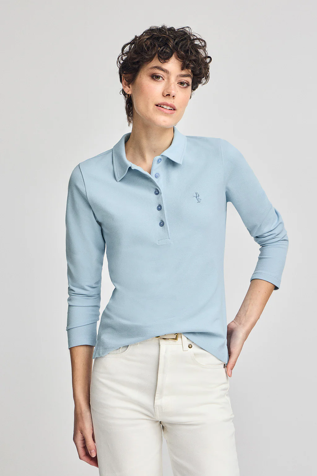 Light-blue long-sleeve cotton polo shirt with Rigby Best embroidery