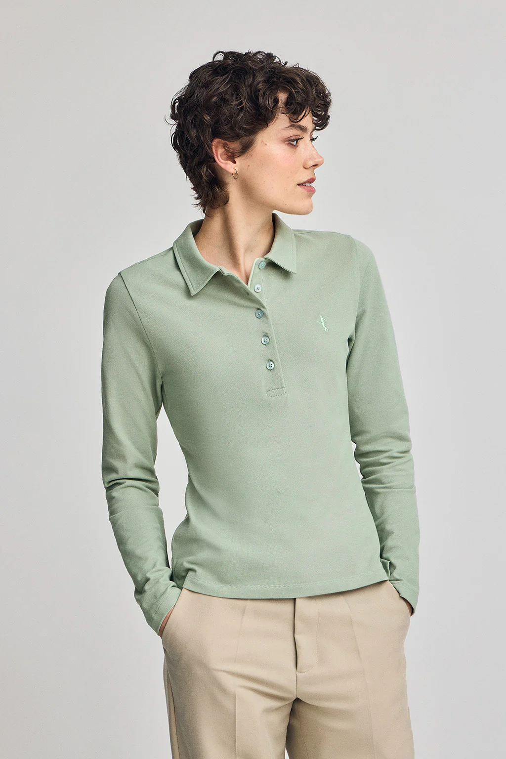 Jade-green long-sleeve cotton polo shirt with Rigby Best embroidery