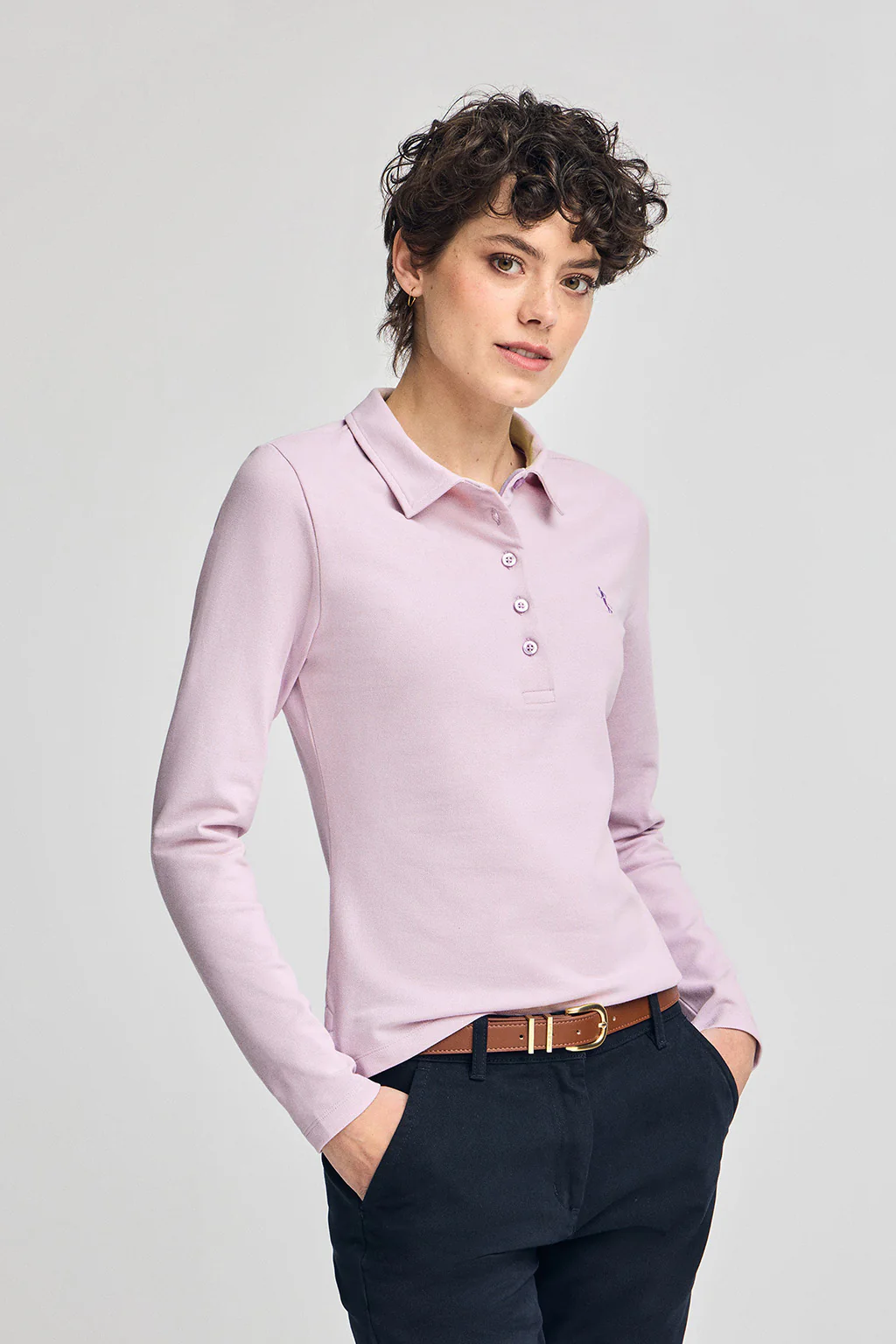 Lavender long-sleeve cotton polo shirt with Rigby Best embroidery