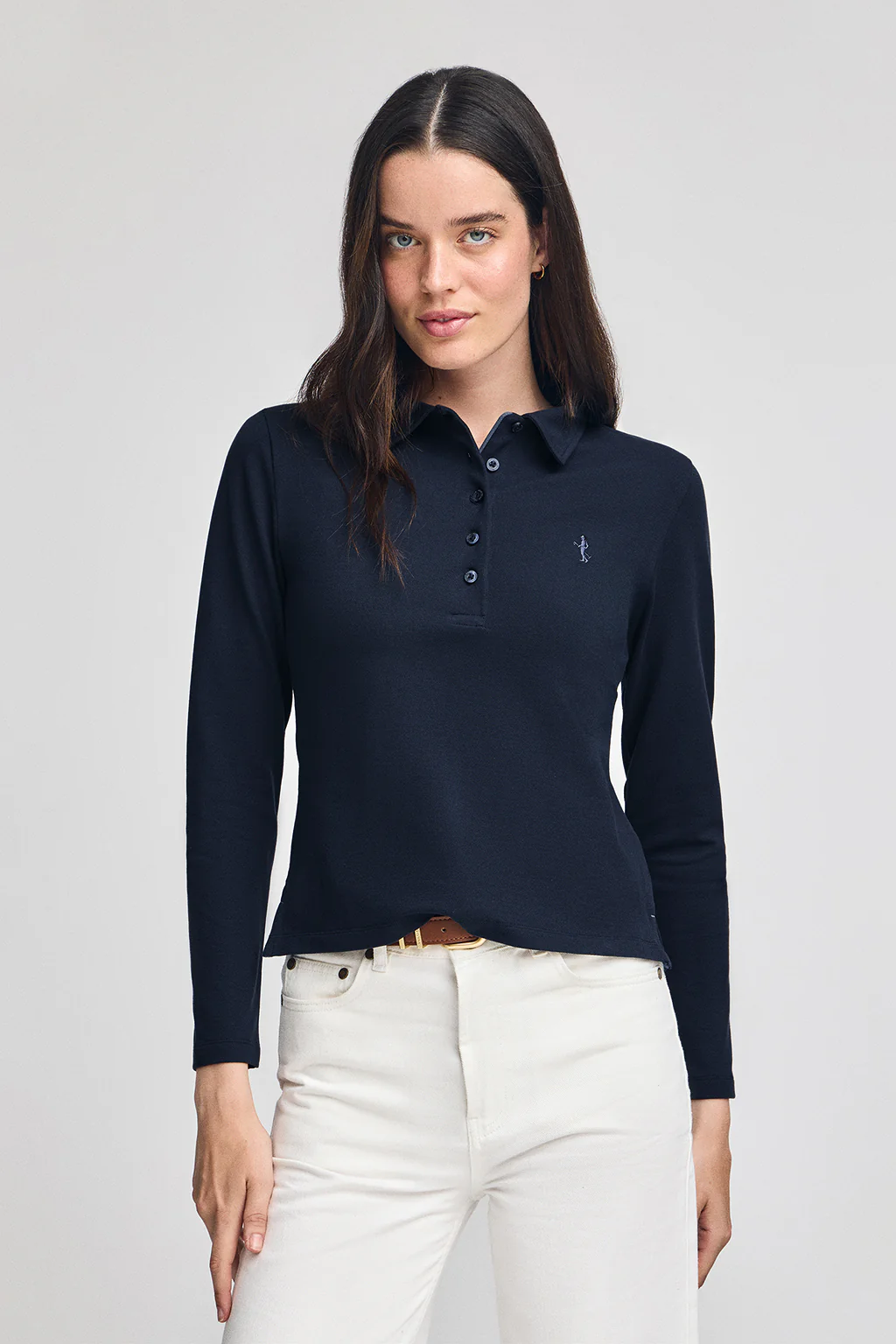 Navy-blue long-sleeve cotton polo shirt with Rigby Best embroidery