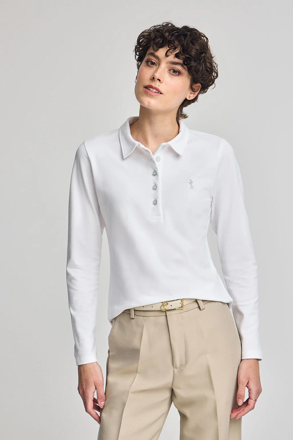 White long-sleeve cotton polo shirt with Rigby Best embroidery