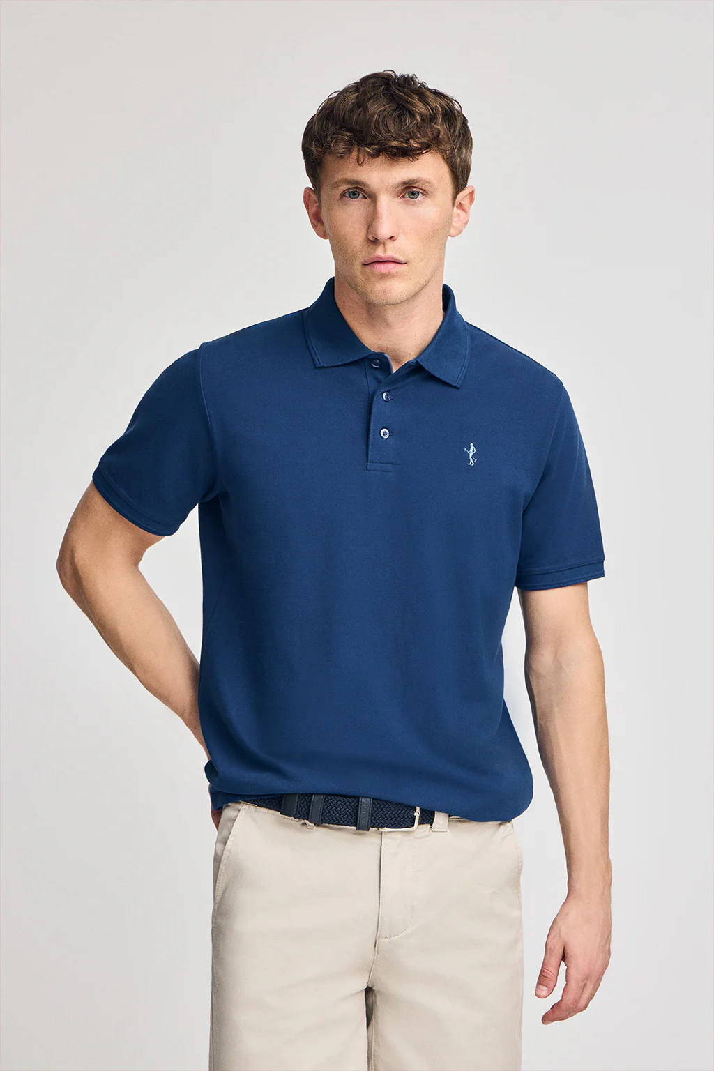Indigo-blue short-sleeve pique polo shirt with Rigby Best embroidery