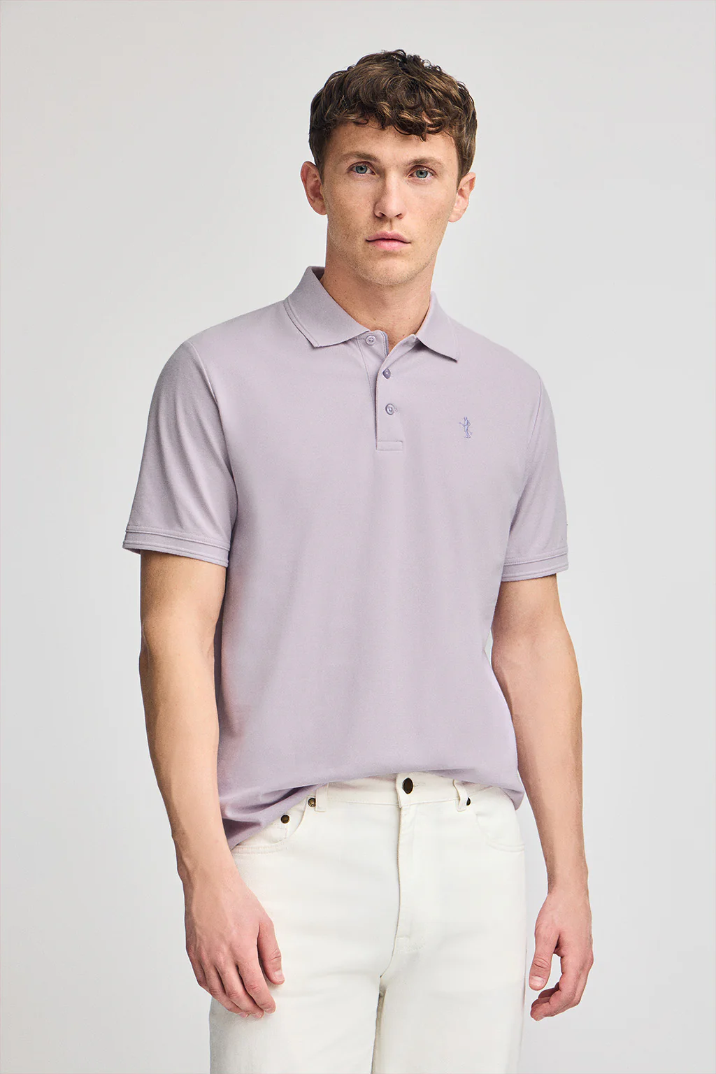 Lavender short-sleeve pique polo shirt with Rigby Best embroidery