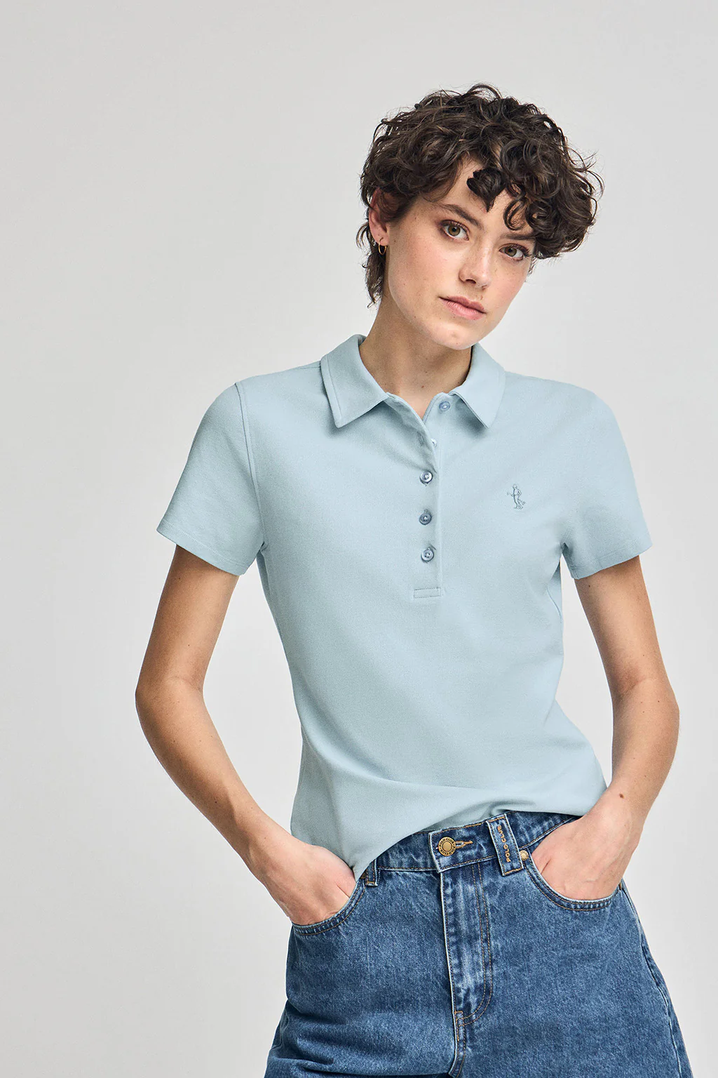 Light-blue short-sleeve cotton polo shirt with Rigby Best embroidery