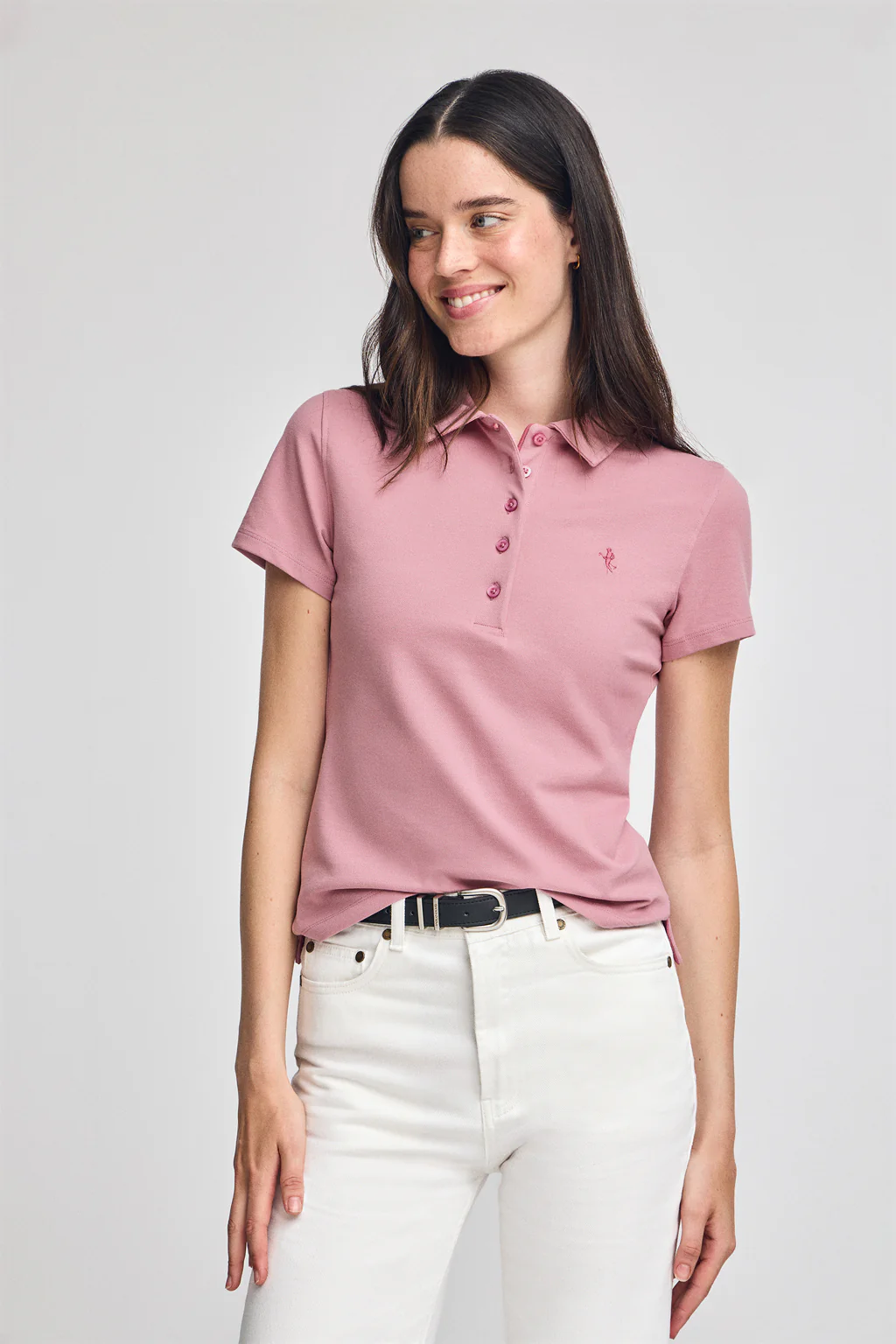 Dusty-pink short-sleeve cotton polo shirt with Rigby Best embroidery