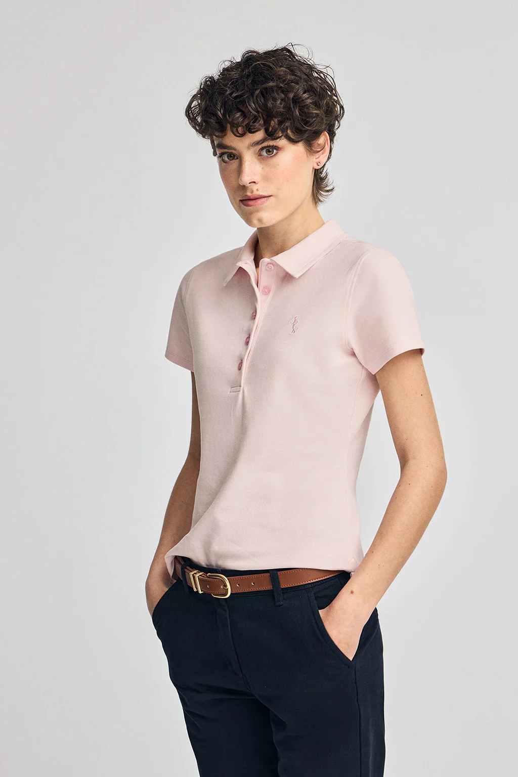 Pink short-sleeve cotton polo shirt with Rigby Best embroidery