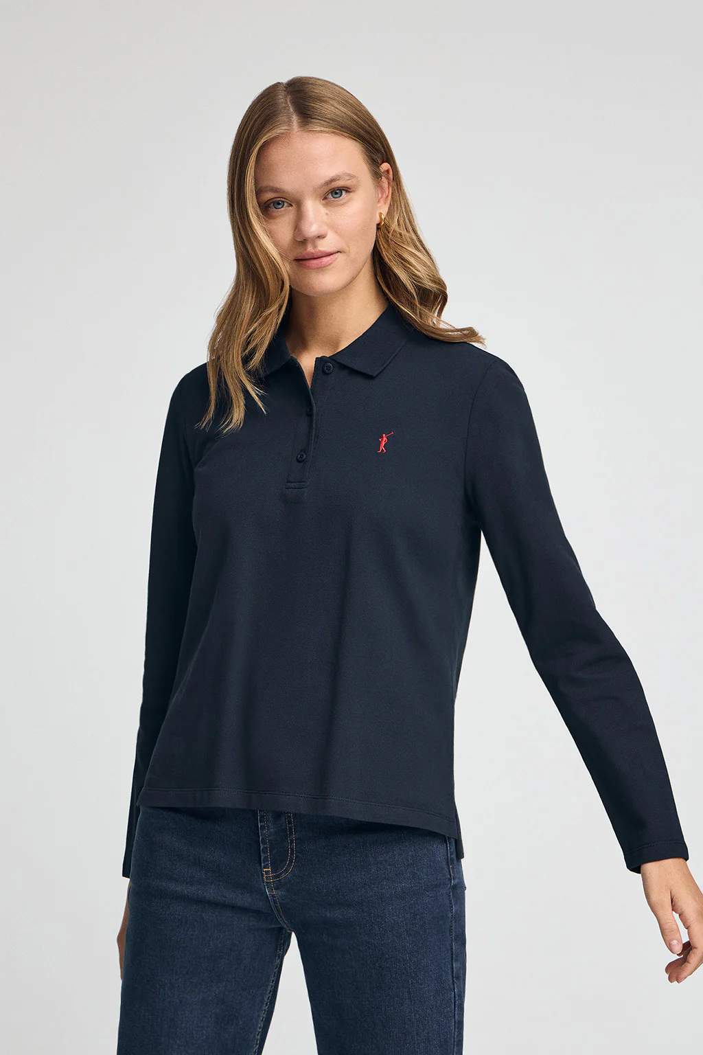 Dark-blue long-sleeve polo shirt with three-button collar and Rigby Go embroidery