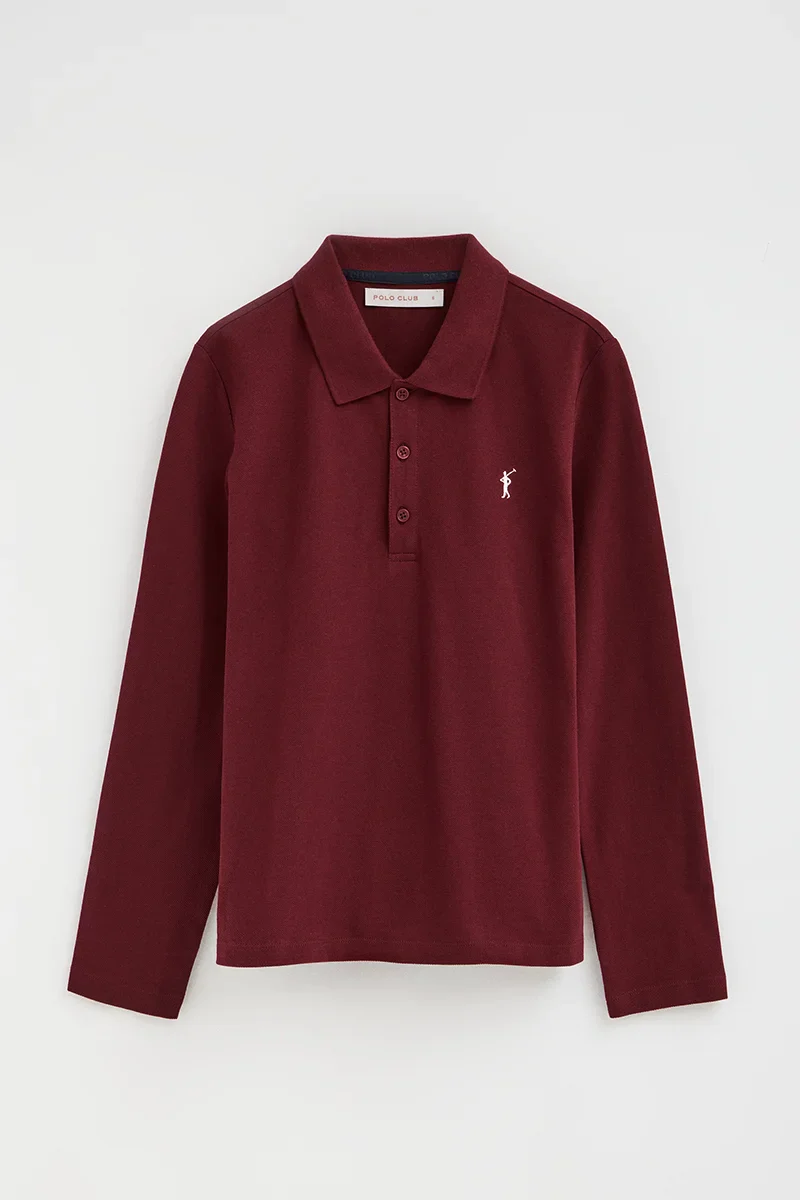 Maroon long-sleeve regular-fit polo shirt with Rigby Go embroidery - Image 9