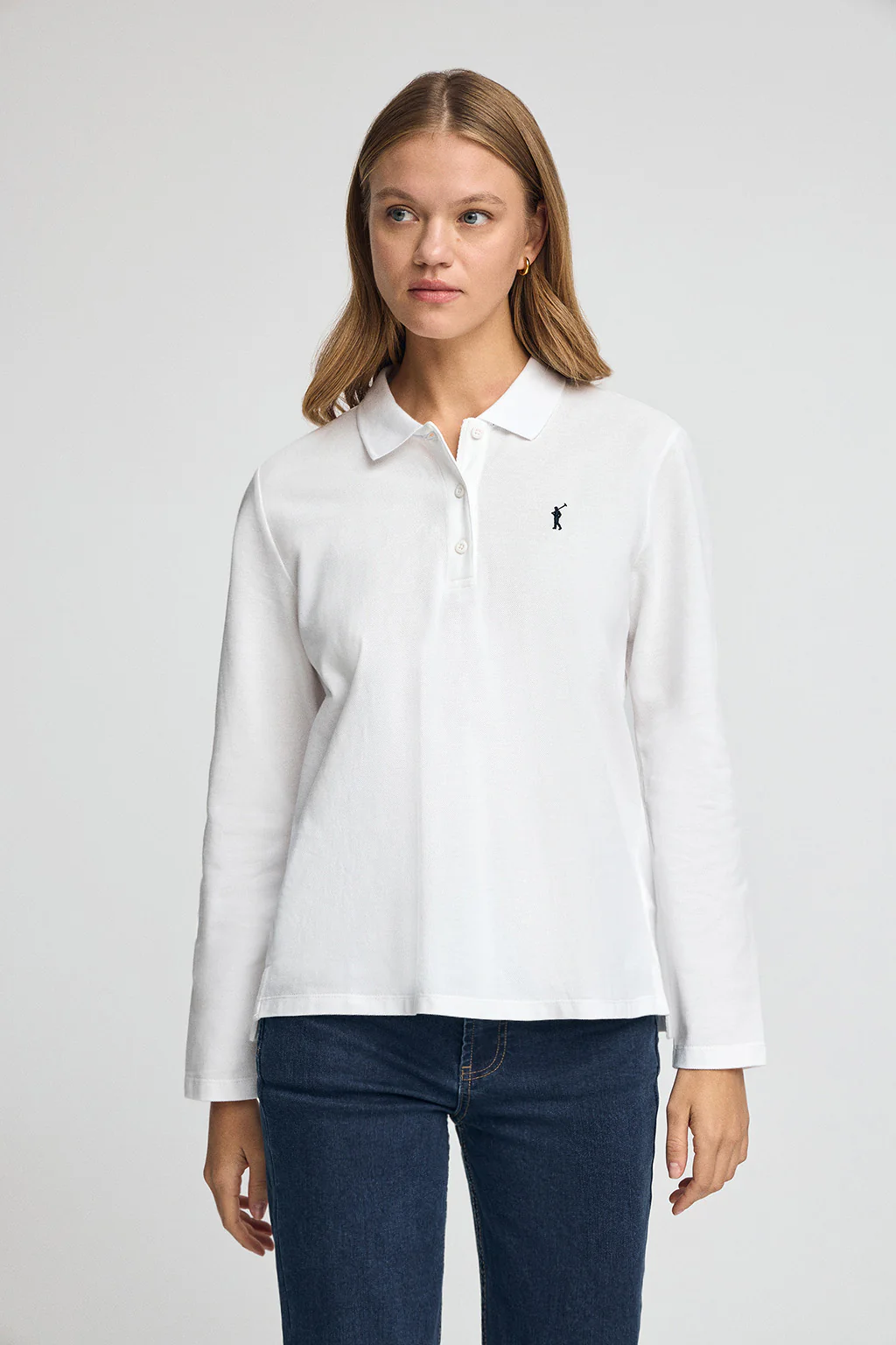 White long-sleeve polo shirt with three-button collar and Rigby Go embroidery - Image 2