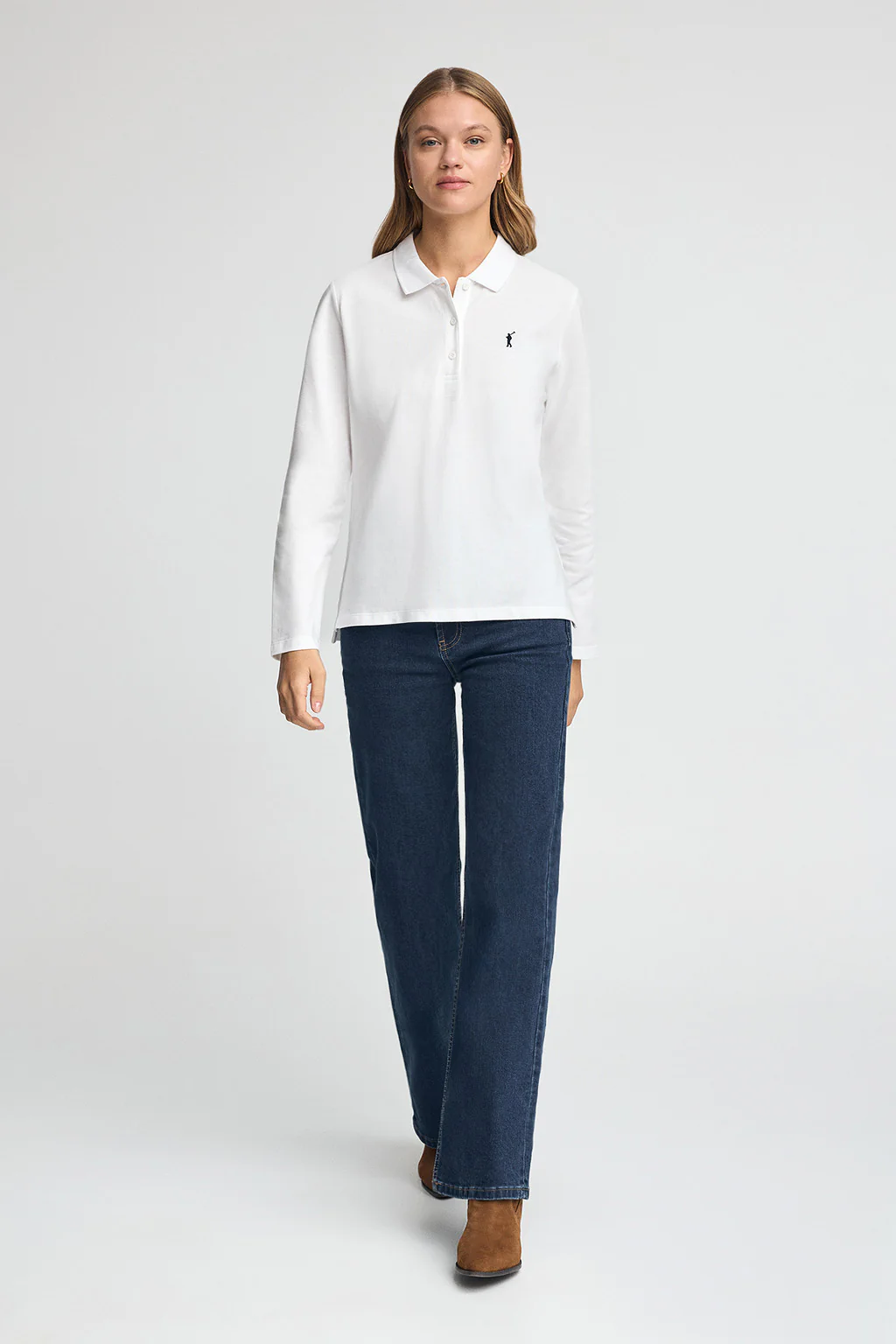 White long-sleeve polo shirt with three-button collar and Rigby Go embroidery - Image 3