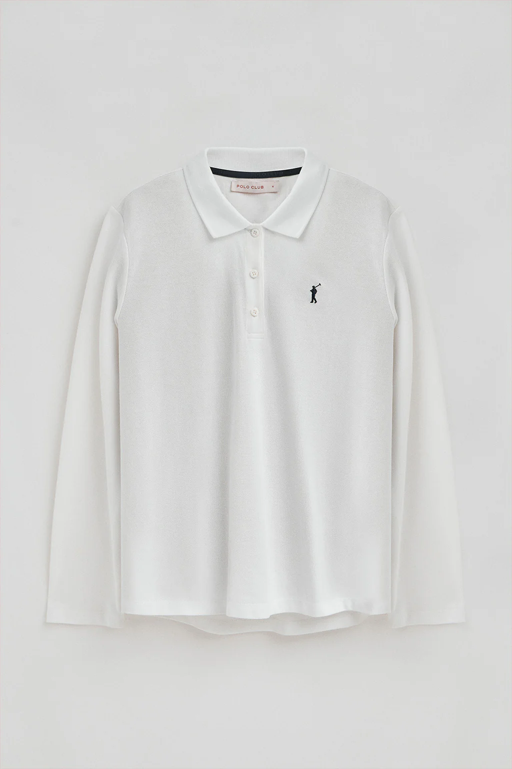 White long-sleeve polo shirt with three-button collar and Rigby Go embroidery - Image 7