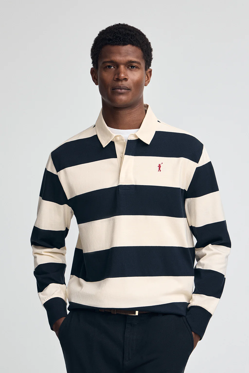 Long-sleeve striped polo shirt in navy blue and nude with Rigby Go embroidery