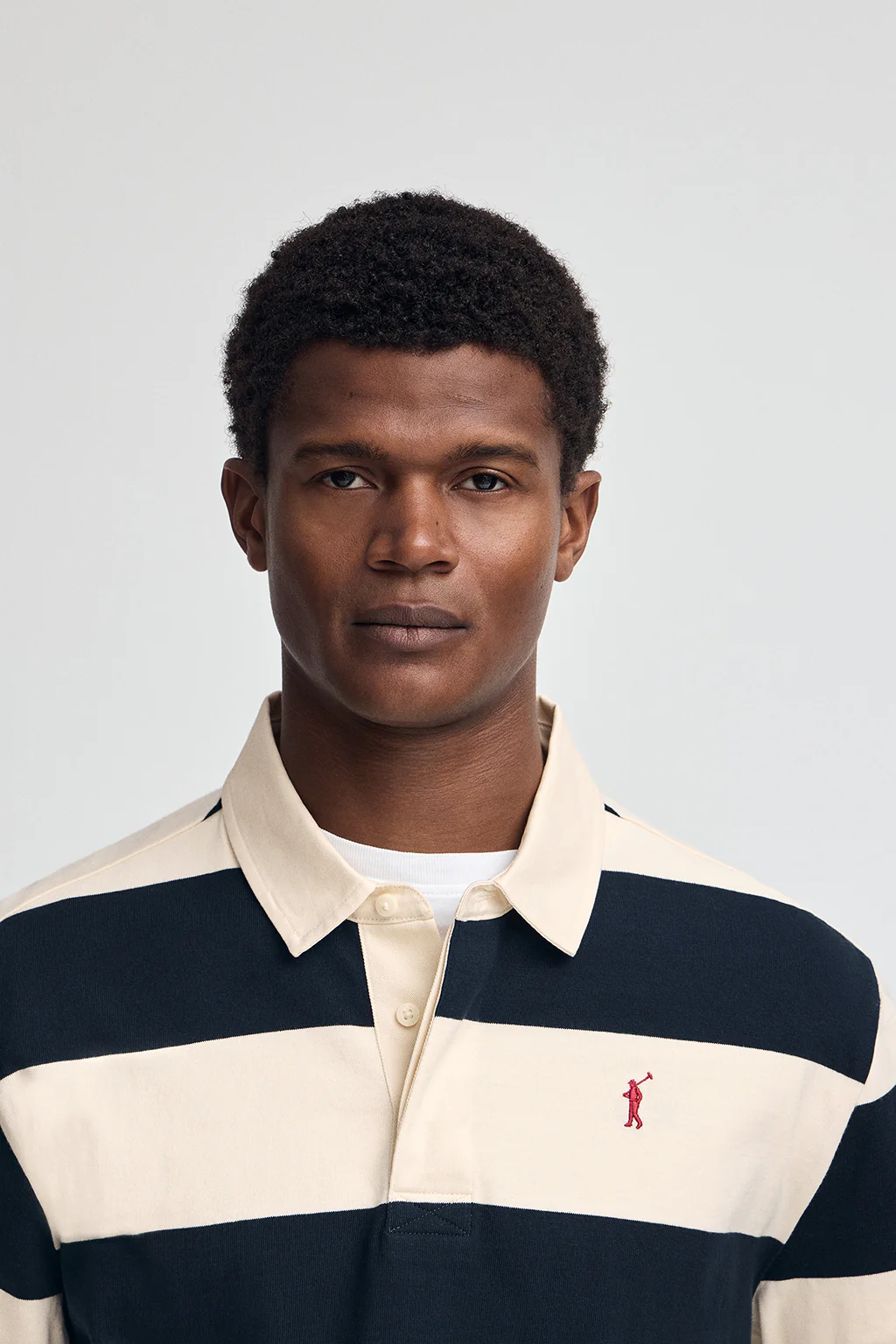 Long-sleeve striped polo shirt in navy blue and nude with Rigby Go embroidery - Image 2