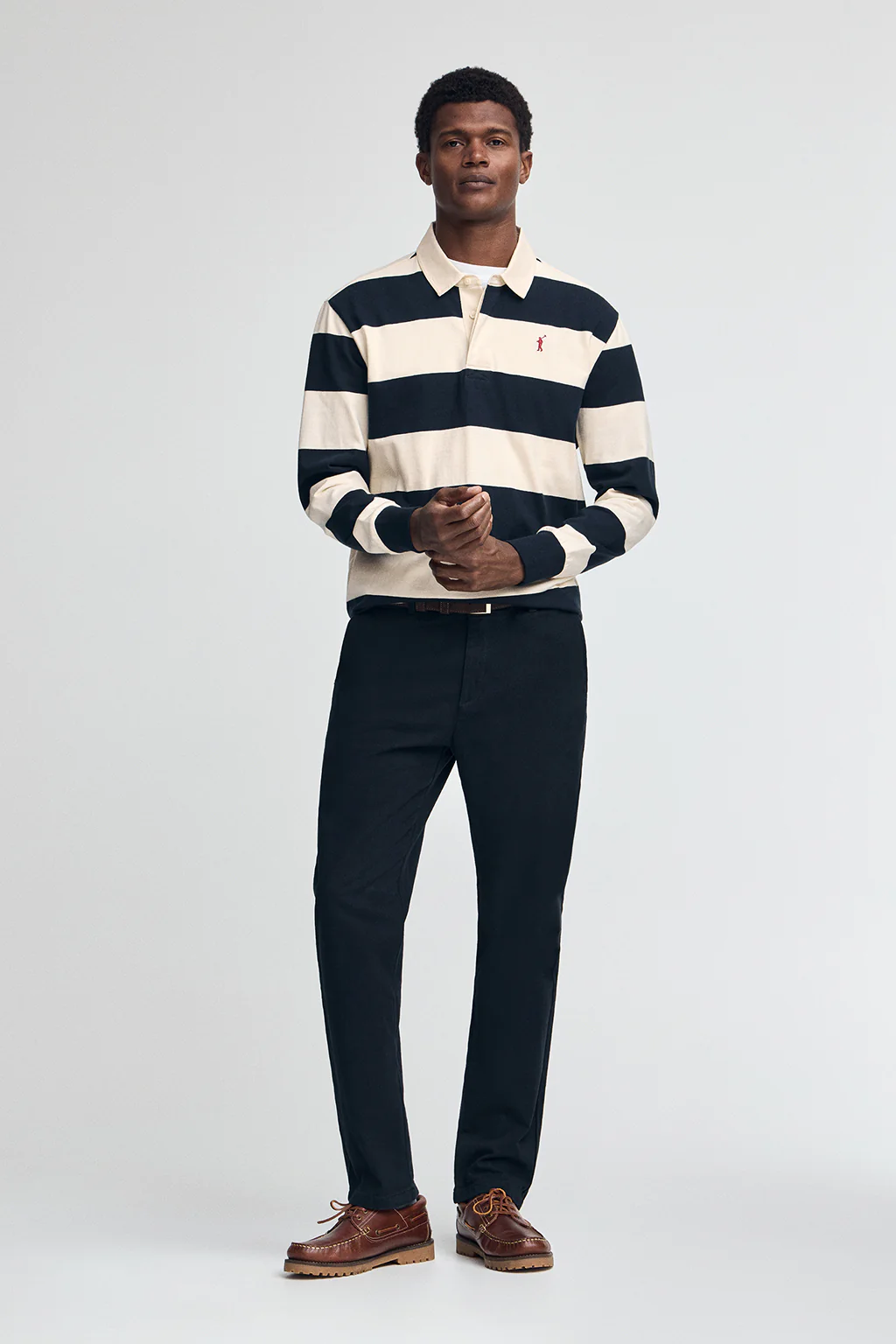 Long-sleeve striped polo shirt in navy blue and nude with Rigby Go embroidery - Image 3