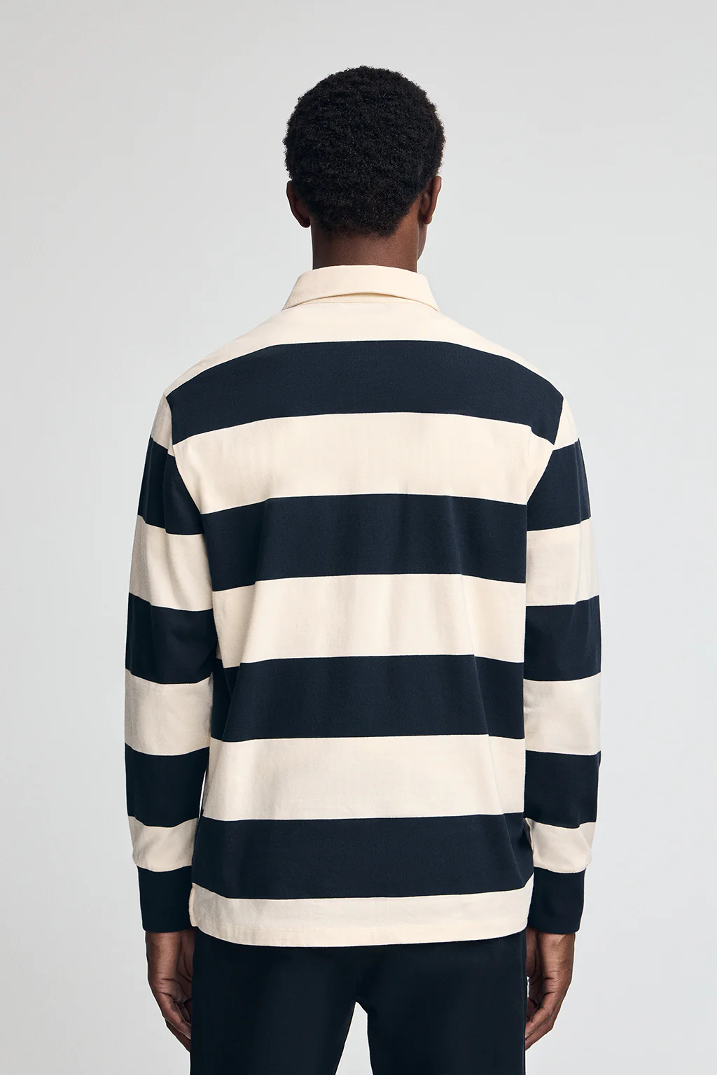 Long-sleeve striped polo shirt in navy blue and nude with Rigby Go embroidery - Image 4