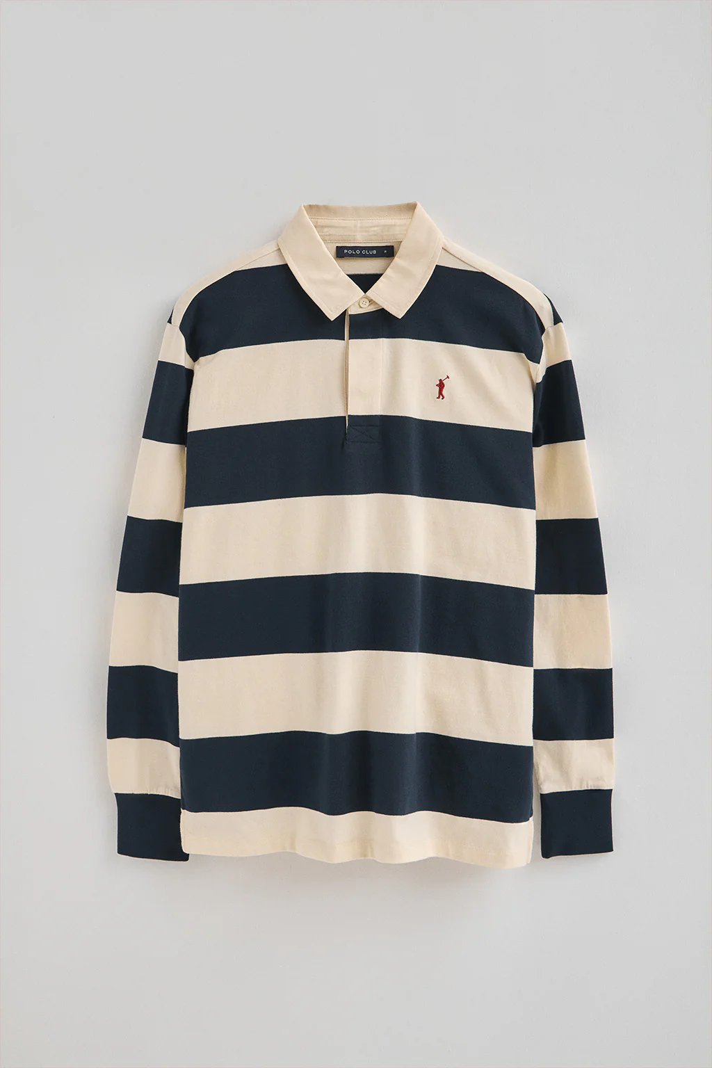 Long-sleeve striped polo shirt in navy blue and nude with Rigby Go embroidery - Image 5