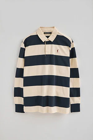 Long-sleeve striped polo shirt in navy blue and nude with Rigby Go embroidery - Image 7