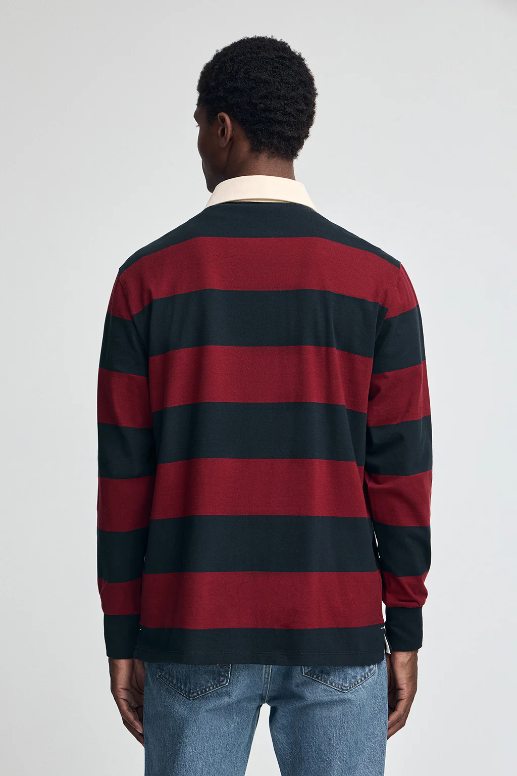 Long-sleeve striped polo shirt in navy blue and maroon with Rigby Go embroidery - Image 4