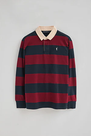Long-sleeve striped polo shirt in navy blue and maroon with Rigby Go embroidery - Image 7