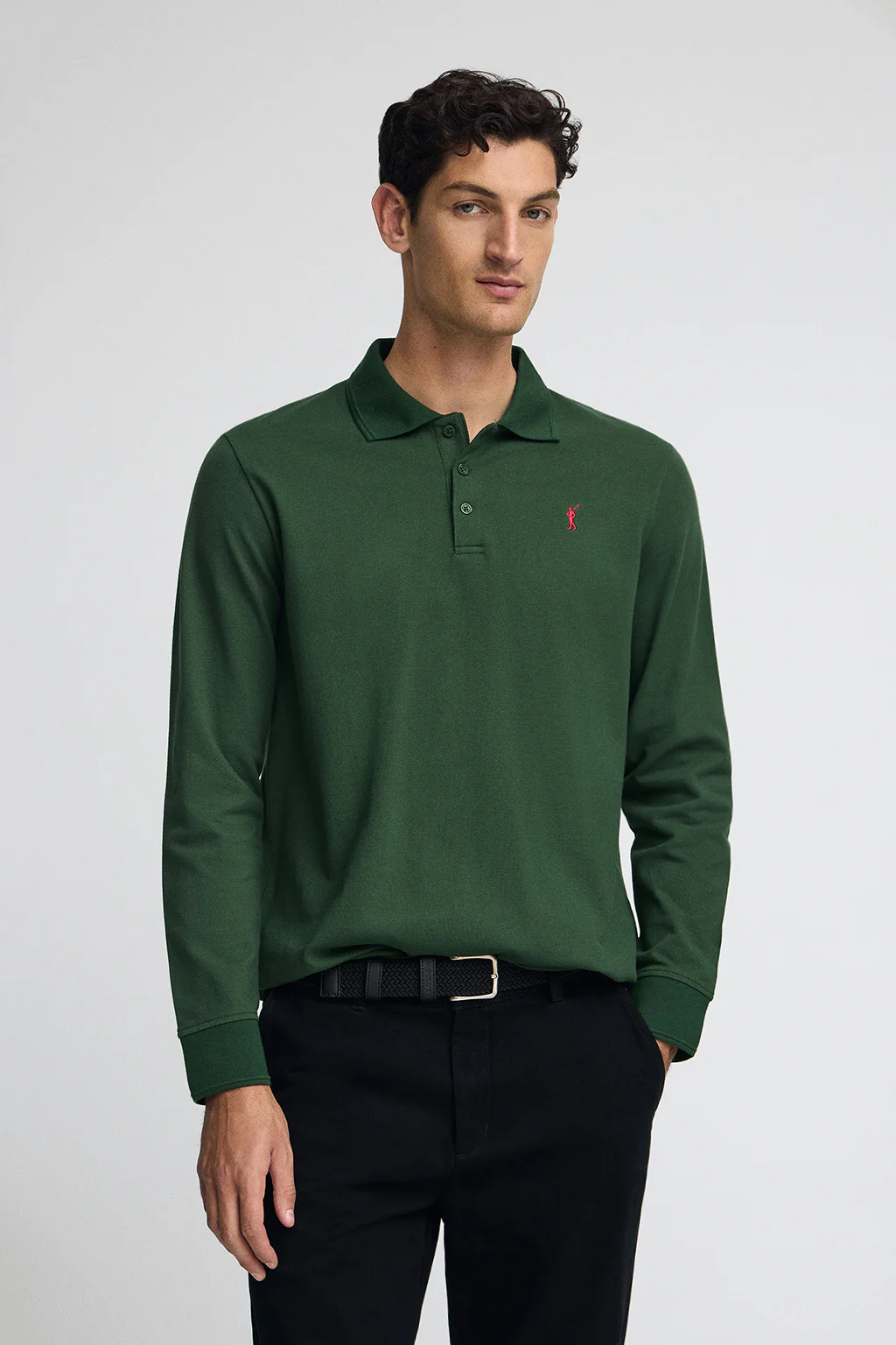 Bottle-green long-sleeve polo shirt with Rigby Go embroidered logo