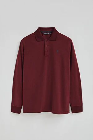 Maroon long-sleeve polo shirt with Rigby Go embroidered logo - Image 8