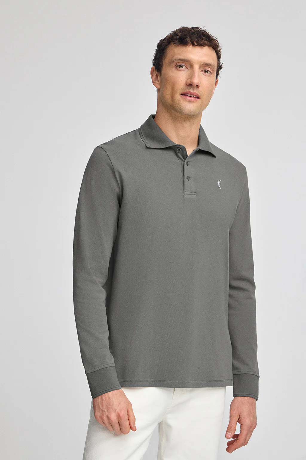 Asphalt-grey long-sleeve polo shirt with three buttons and Rigby Go embroidery