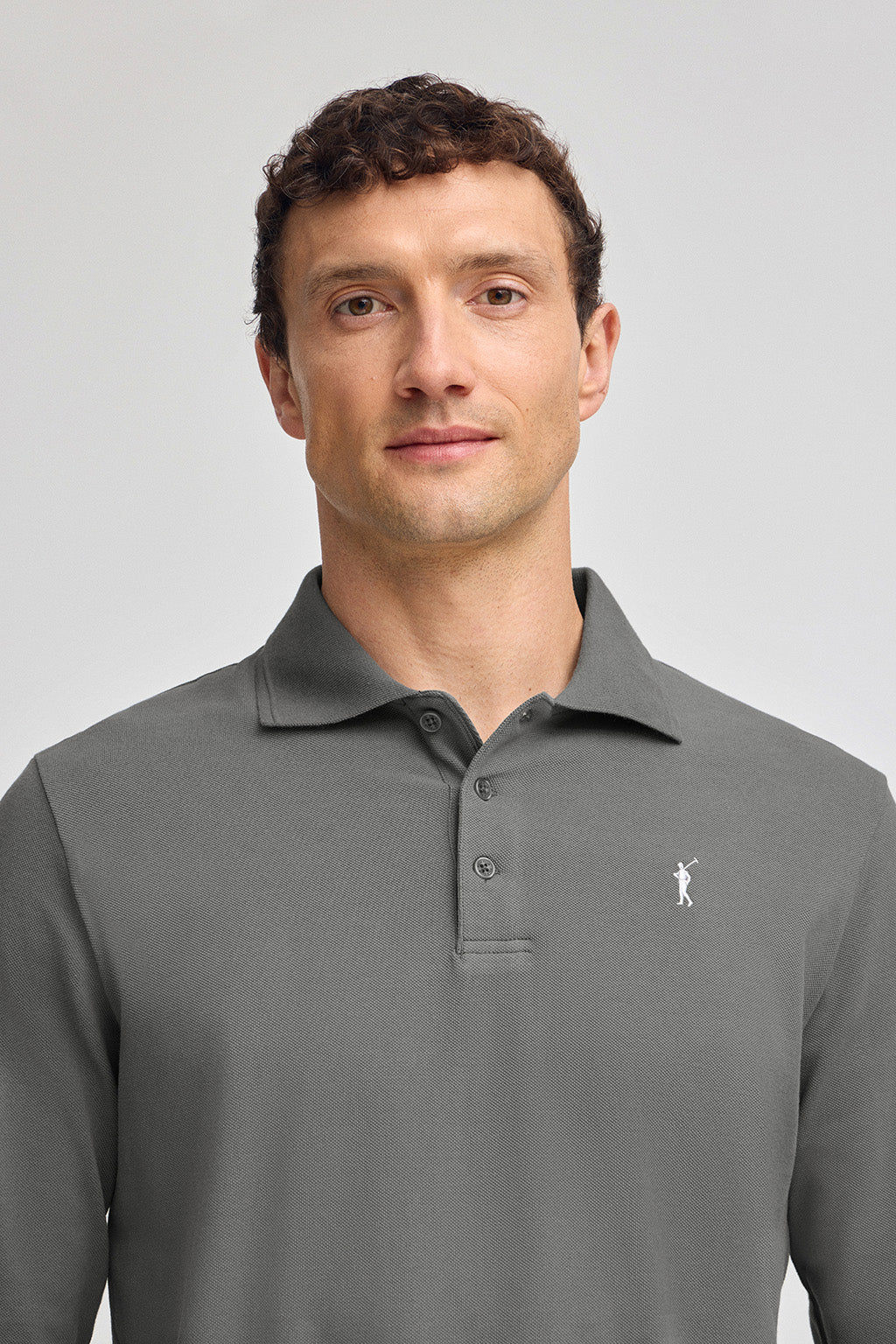 Asphalt-grey long-sleeve polo shirt with three buttons and Rigby Go embroidery - Image 3