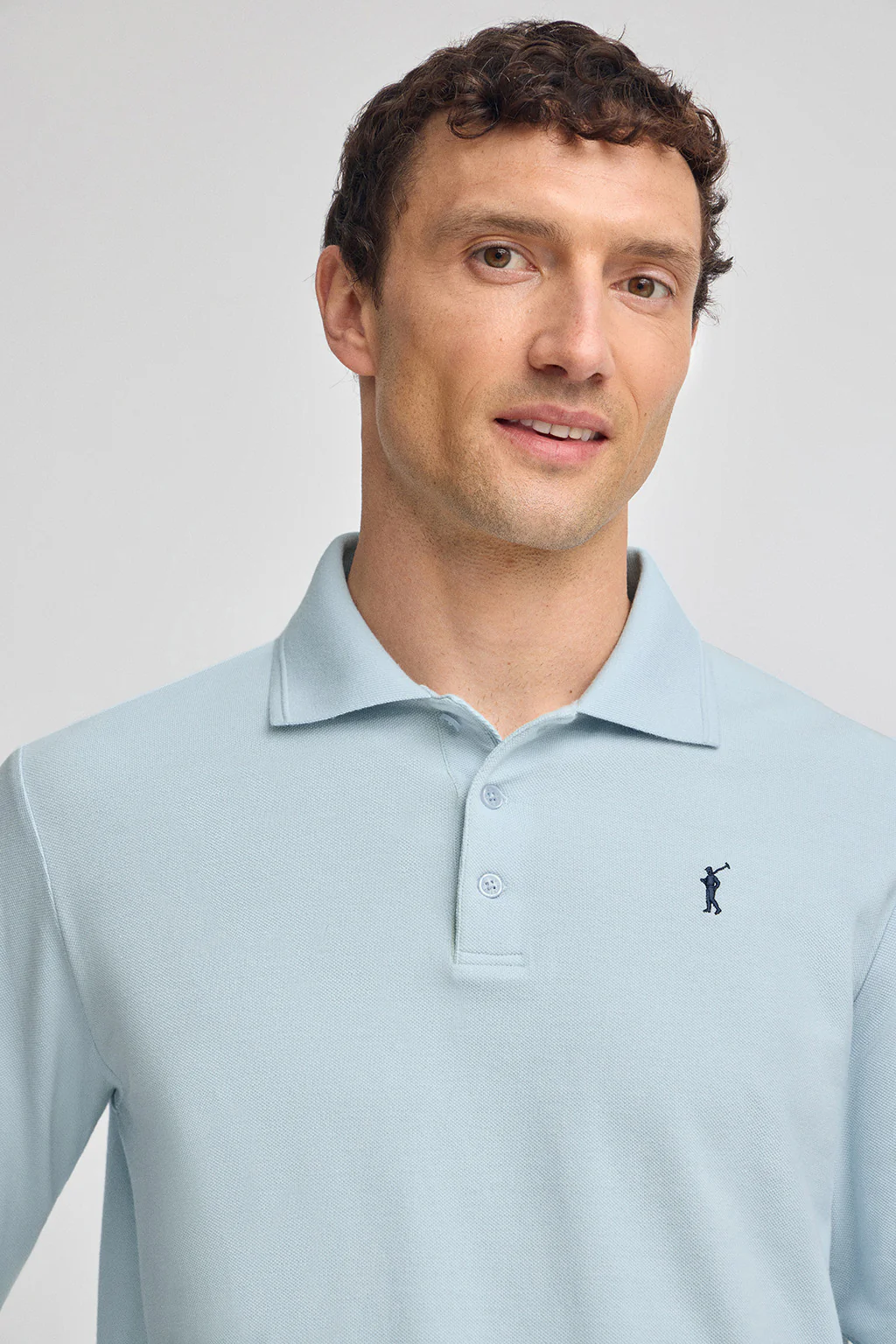 Light-blue long-sleeve polo shirt with three buttons and Rigby Go embroidery - Image 3
