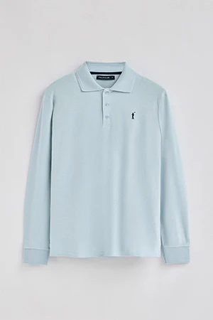 Light-blue long-sleeve polo shirt with three buttons and Rigby Go embroidery - Image 9