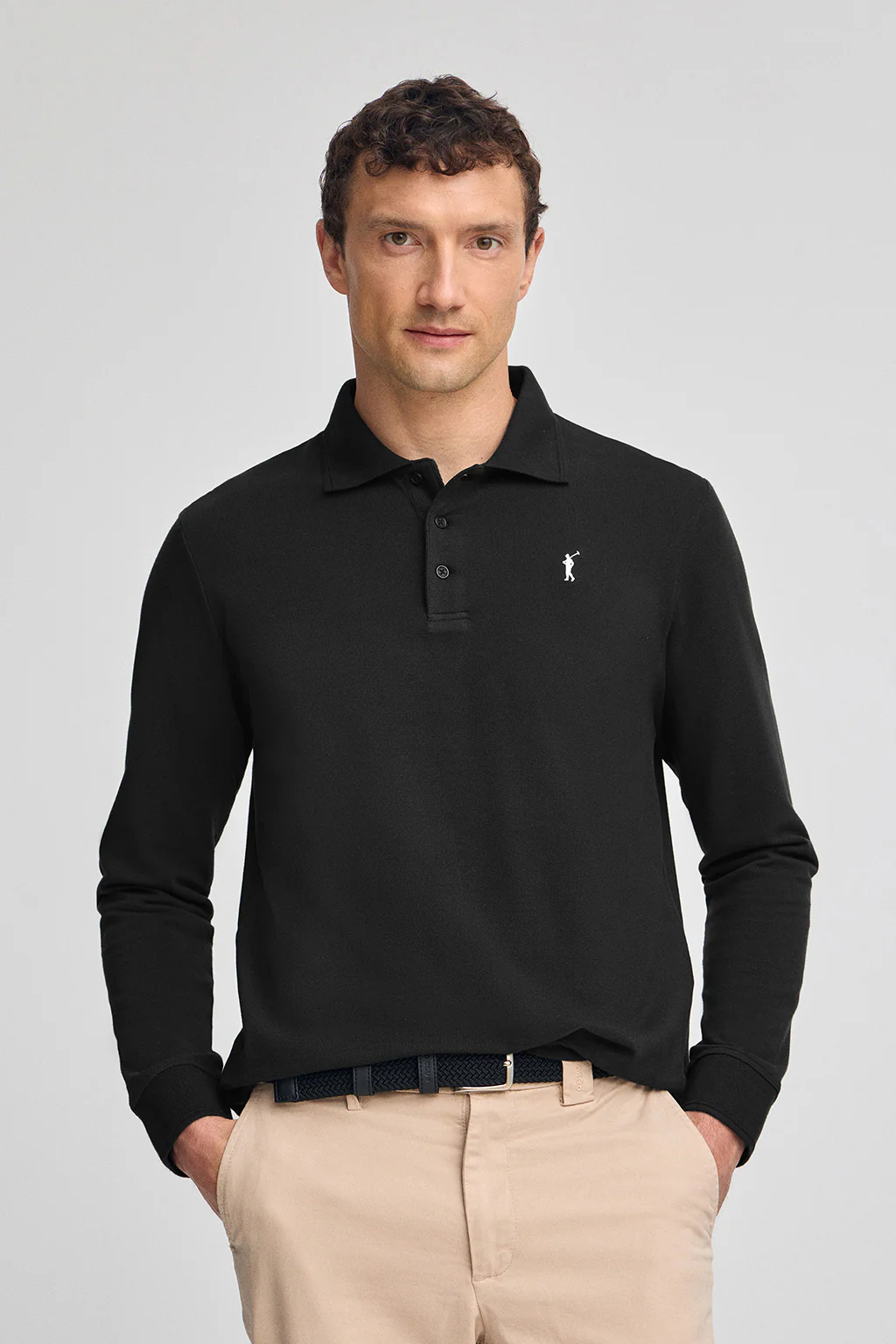 Black long-sleeve polo shirt with three buttons and Rigby Go embroidery