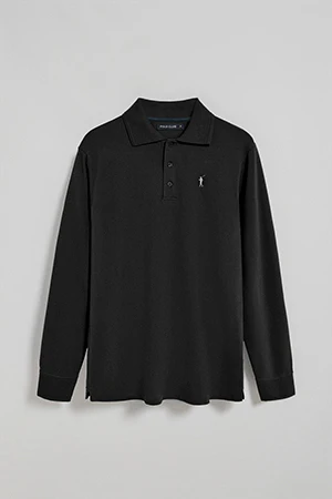 Black long-sleeve polo shirt with three buttons and Rigby Go embroidery - Image 9