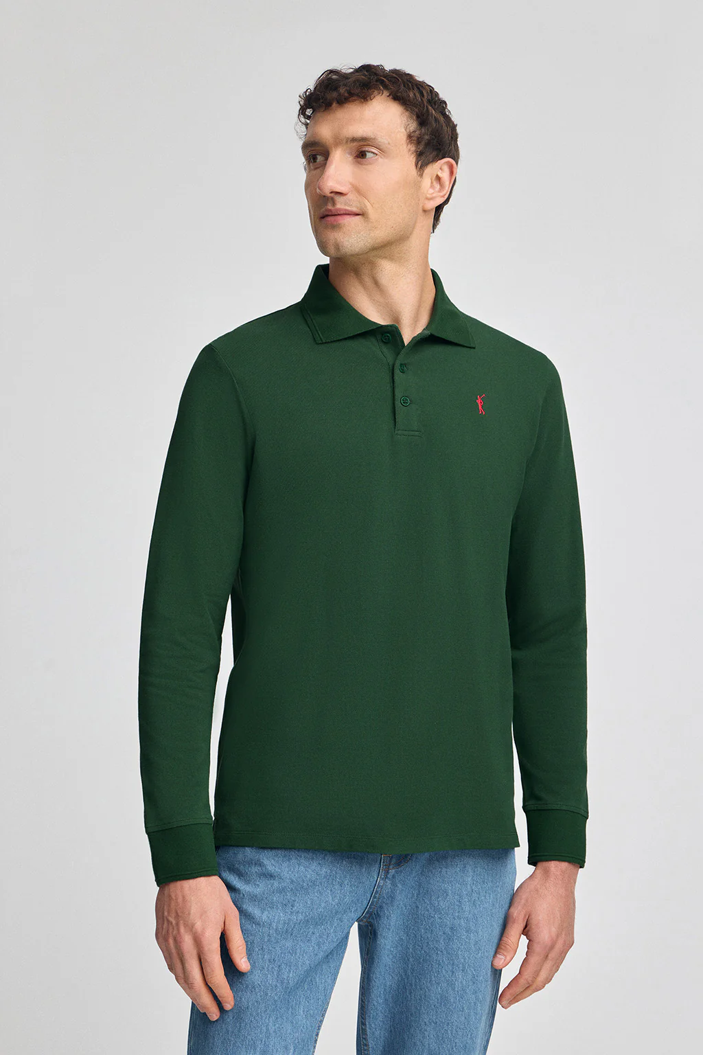 Bottle-green long-sleeve polo shirt with three buttons and Rigby Go embroidery