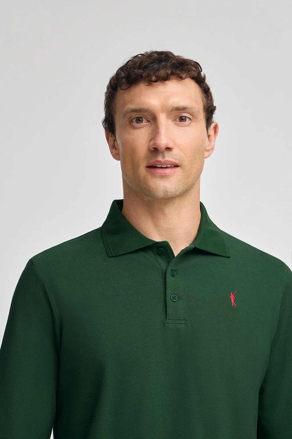Bottle-green long-sleeve polo shirt with three buttons and Rigby Go embroidery - Image 3