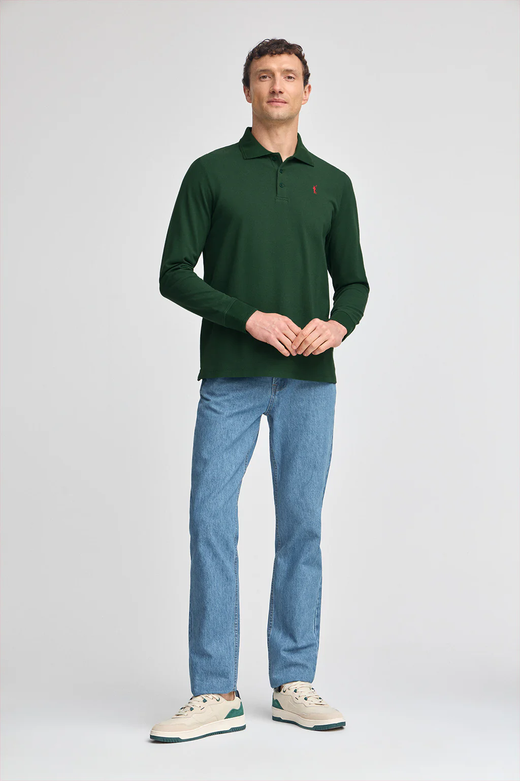 Bottle-green long-sleeve polo shirt with three buttons and Rigby Go embroidery - Image 4