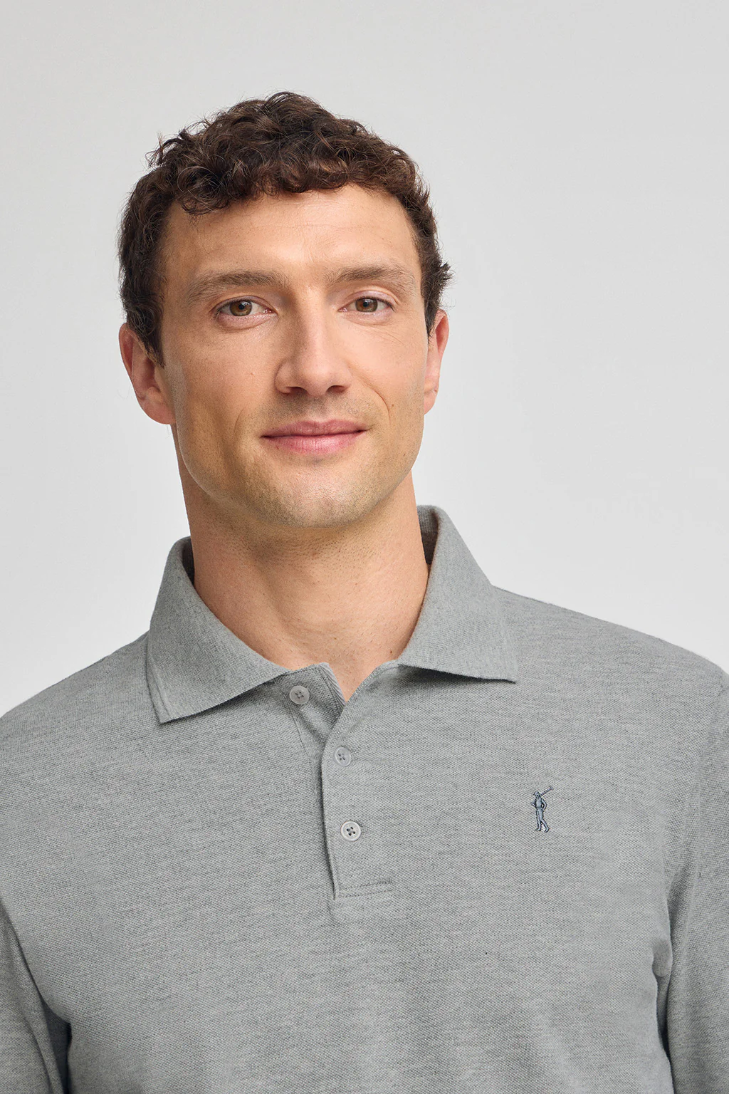 Grey-marl long-sleeve polo shirt with three buttons and Rigby Go embroidery - Image 3