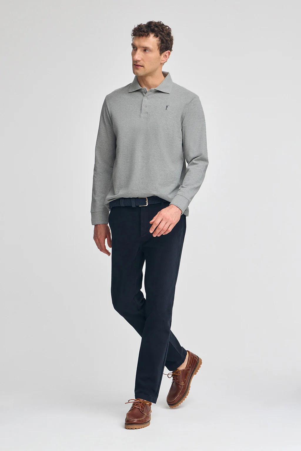Grey-marl long-sleeve polo shirt with three buttons and Rigby Go embroidery - Image 4