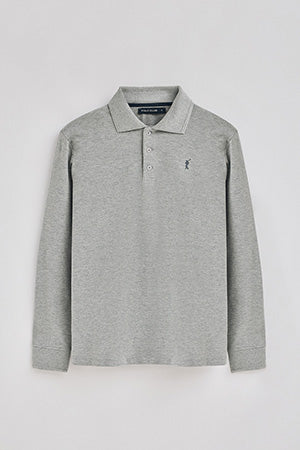 Grey-marl long-sleeve polo shirt with three buttons and Rigby Go embroidery - Image 9