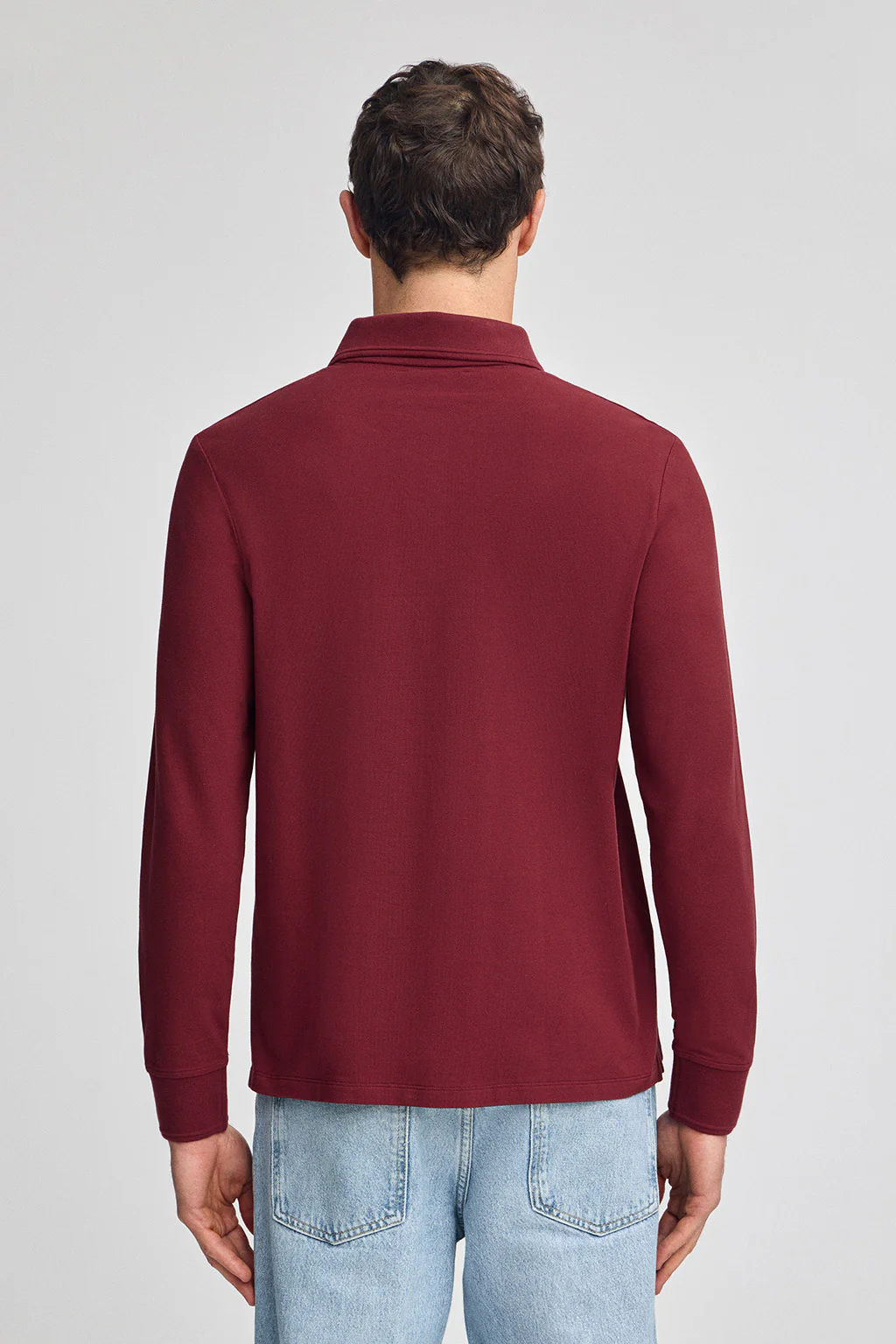 Maroon long-sleeve polo shirt with three buttons and Rigby Go embroidery - Image 2