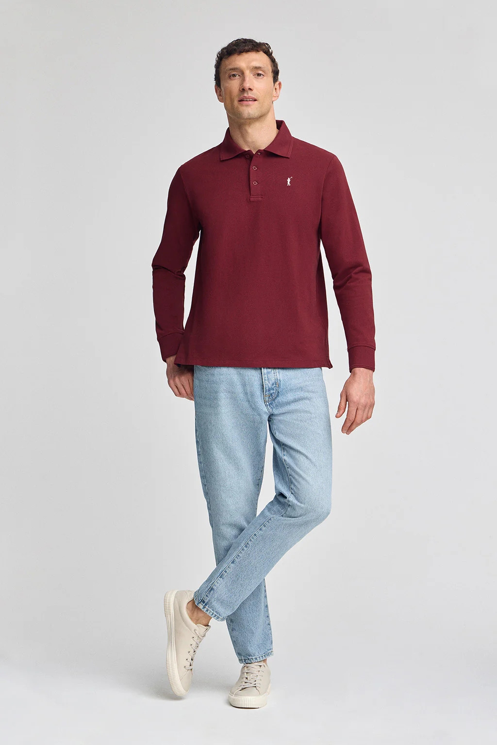 Maroon long-sleeve polo shirt with three buttons and Rigby Go embroidery - Image 4