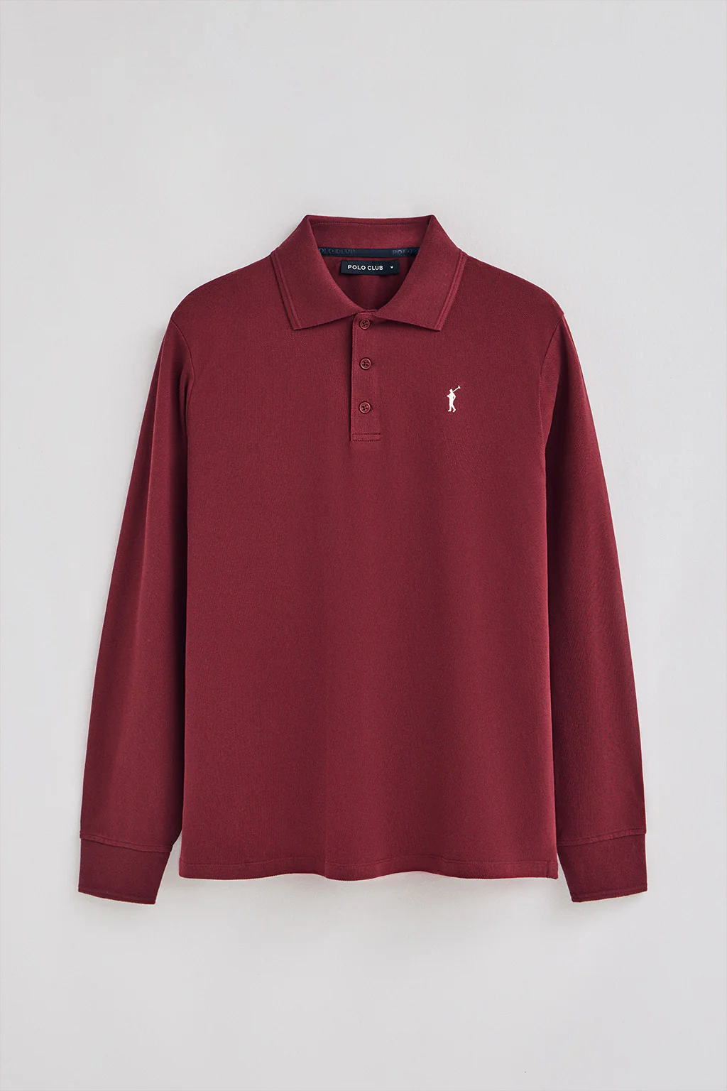 Maroon long-sleeve polo shirt with three buttons and Rigby Go embroidery - Image 5