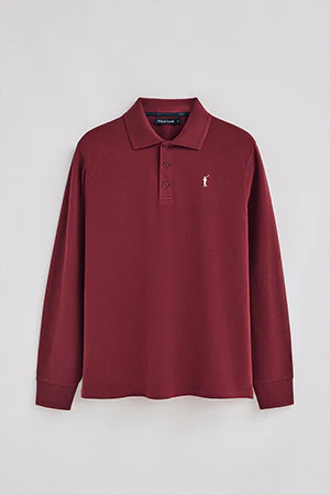 Maroon long-sleeve polo shirt with three buttons and Rigby Go embroidery - Image 9